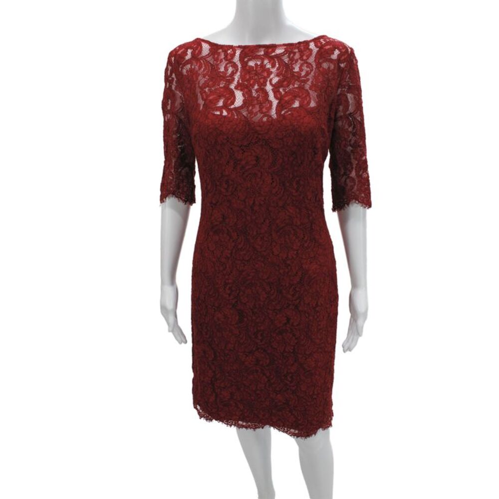 Pamella Roland Womens Sheath Dress Red Boat Neck 3/4 Sleeve Knee Length Size 10